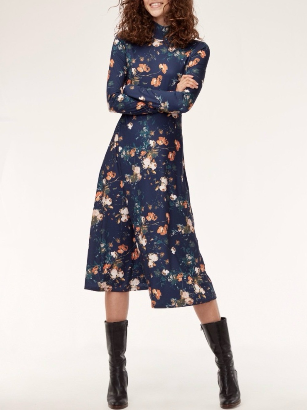 Wilfred Mira Floral Navy Long-Sleeve Midi Dress